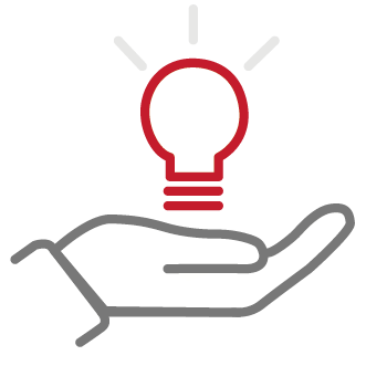 Icon einer weißen Hand mit grauer Outline, darüber schwebt eine rote Glühbirne