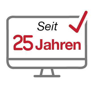 Icon eines PC-Bildschirms mit einem roten Haken rechts oben und Text "Seit 25 Jahren"
