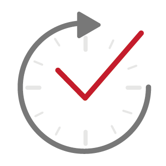 Icon einer Uhr, dessen äußerer grauer Rand ein Pfeil im Uhrzeigersinn darstellt. Die Zeiger sind gleichzeitig ein roter Haken