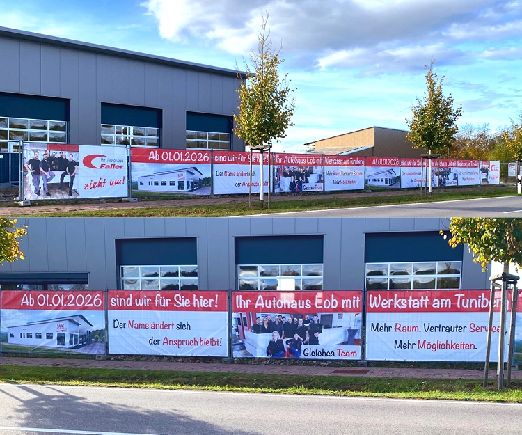 2 Ansichten der Bauzaun-Banner für die Umzugswerbung von Lob Autohaus in Oberrimsingen