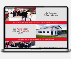 Onepager des Lob Autohaus mit Informationen zum Umzug abgebildet auf einem Laptop auf hellgrauen Hintergrund