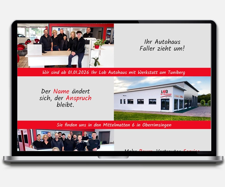 Onepager des Lob Autohaus mit Informationen zum Umzug abgebildet auf einem Laptop auf hellgrauen Hintergrund