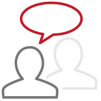 Icon von 2 stilsierten Köpfen, darüber schwebt eine rote Sprechblase