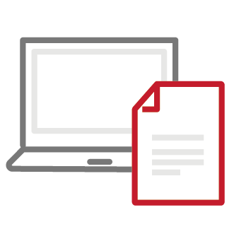 Outline Icon eines grauen Laptops, davor ein Blatt Papier mit roter Umrandung