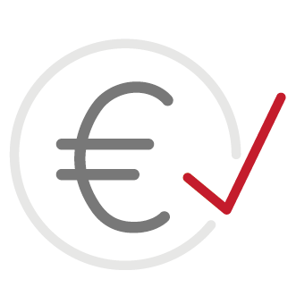 Icon eines hellgrauen Kreises mit dunklerem € in der Mitte. Auf der rechten Seite liegt ein roter Haken auf